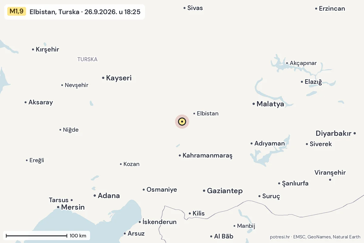 Karta: šire područje, 600 km, potres M1,9, Elbistan, Turska, 26.9.2026.