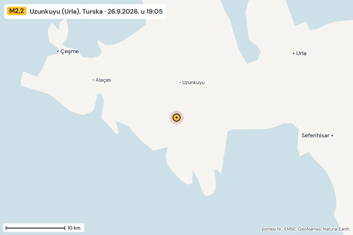 Karta: okolica epicentra, 60 km, potres M2,2, Uzunkuyu (Urla), Turska, 26.9.2026.