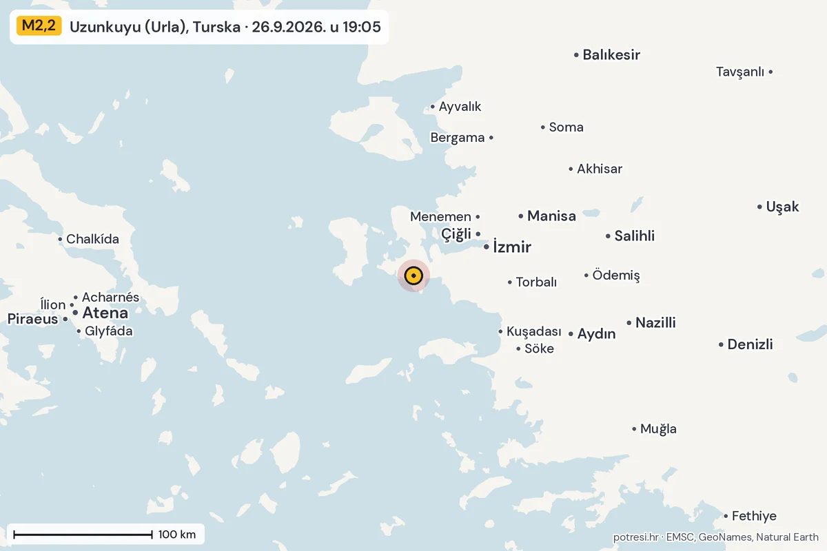 Karta: šire područje, 600 km, potres M2,2, Uzunkuyu (Urla), Turska, 26.9.2026.