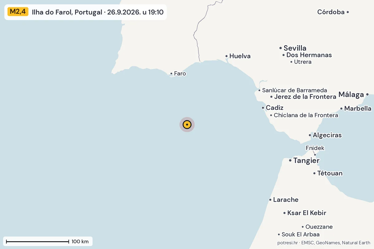 Karta: šire područje, 600 km, potres M2,4, Ilha do Farol, Portugal, 26.9.2026.