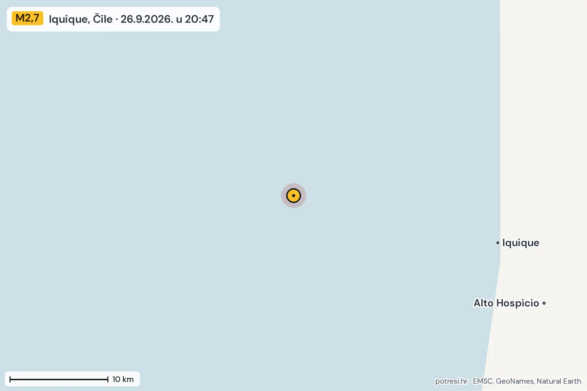 Karta: okolica epicentra, 60 km, potres M2,7, Iquique, Čile, 26.9.2026.