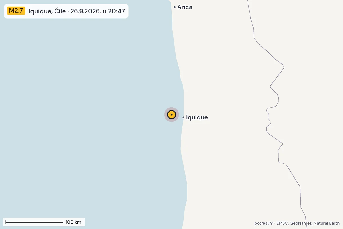 Karta: šire područje, 600 km, potres M2,7, Iquique, Čile, 26.9.2026.