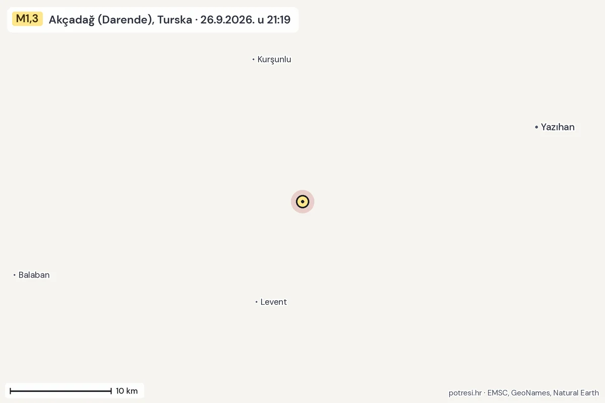 Karta: okolica epicentra, 60 km, potres M1,3, Akçadağ (Darende), Turska, 26.9.2026.