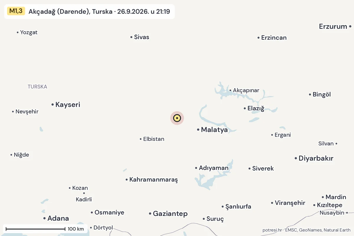 Karta: šire područje, 600 km, potres M1,3, Akçadağ (Darende), Turska, 26.9.2026.