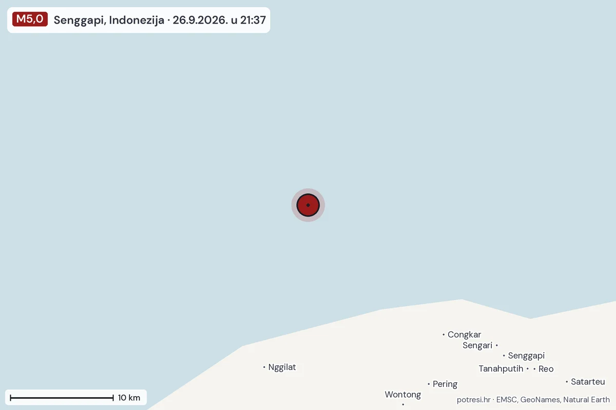 Karta: okolica epicentra, 60 km, potres M5,0, Senggapi, Indonezija, 26.9.2026.