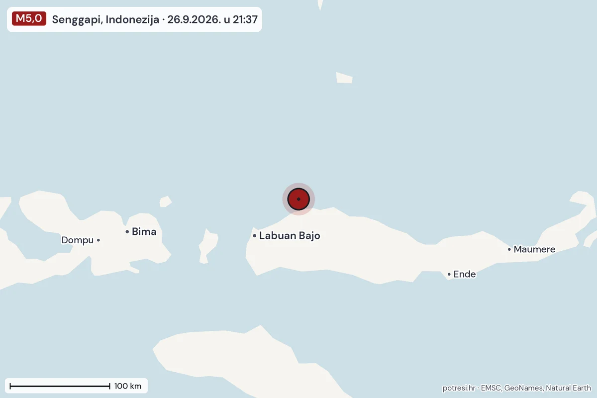 Karta: šire područje, 600 km, potres M5,0, Senggapi, Indonezija, 26.9.2026.