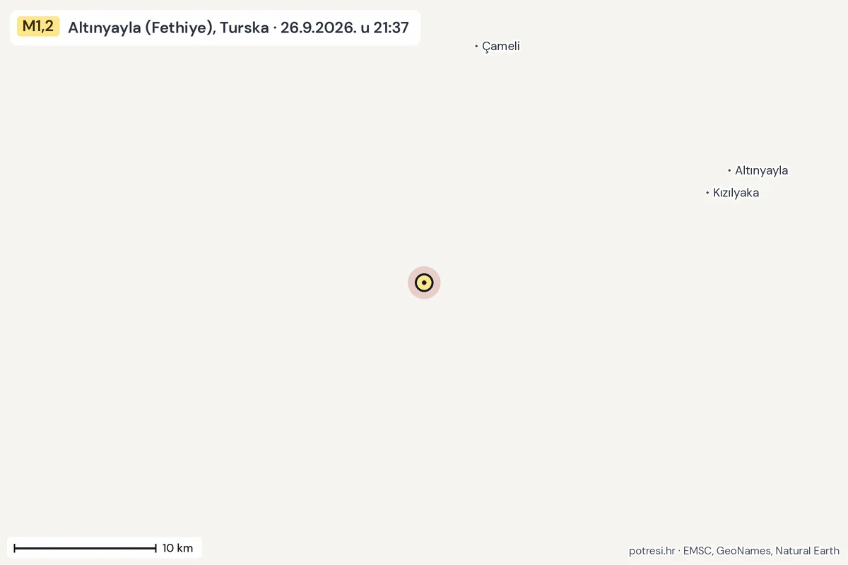 Karta: okolica epicentra, 60 km, potres M1,2, Altınyayla (Fethiye), Turska, 26.9.2026.
