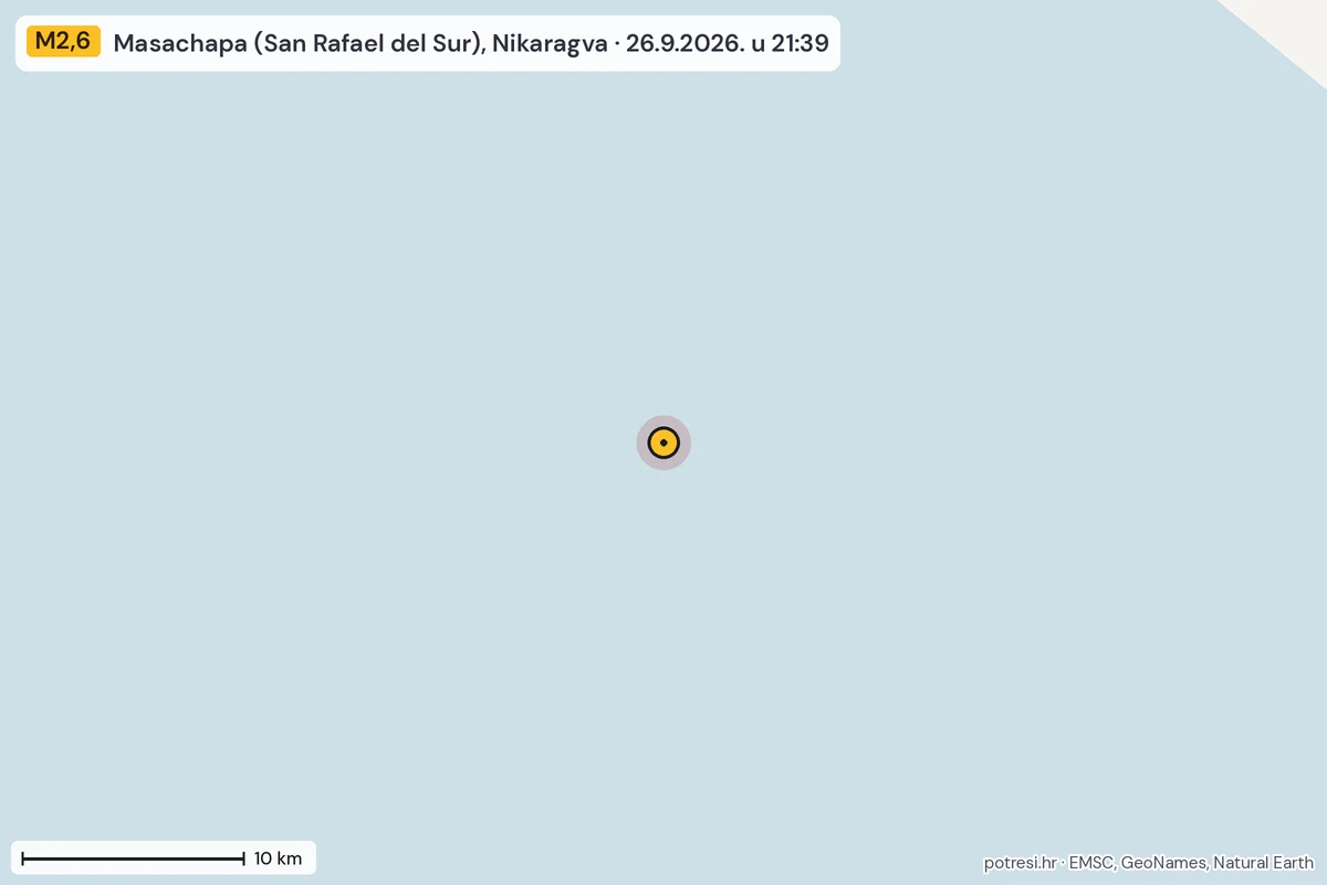 Karta: okolica epicentra, 60 km, potres M2,6, Masachapa (San Rafael del Sur), Nikaragva, 26.9.2026.