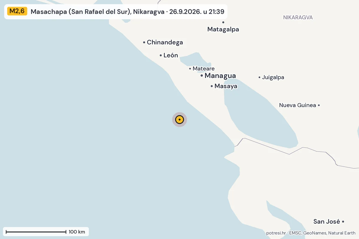 Karta: šire područje, 600 km, potres M2,6, Masachapa (San Rafael del Sur), Nikaragva, 26.9.2026.