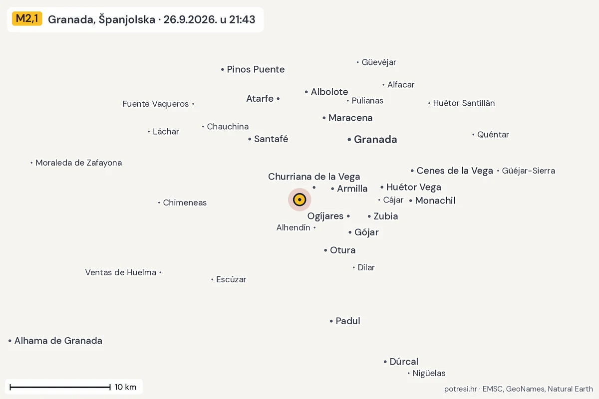 Karta: okolica epicentra, 60 km, potres M2,1, Granada, Španjolska, 26.9.2026.