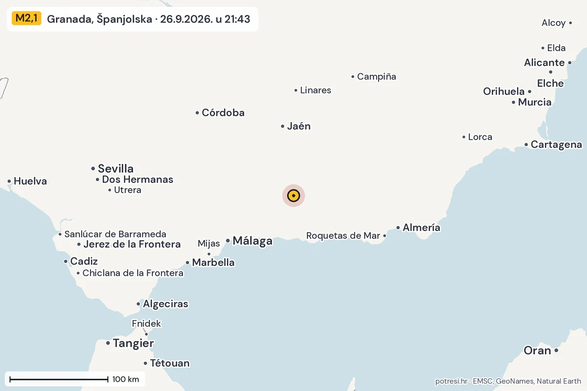 Karta: šire područje, 600 km, potres M2,1, Granada, Španjolska, 26.9.2026.