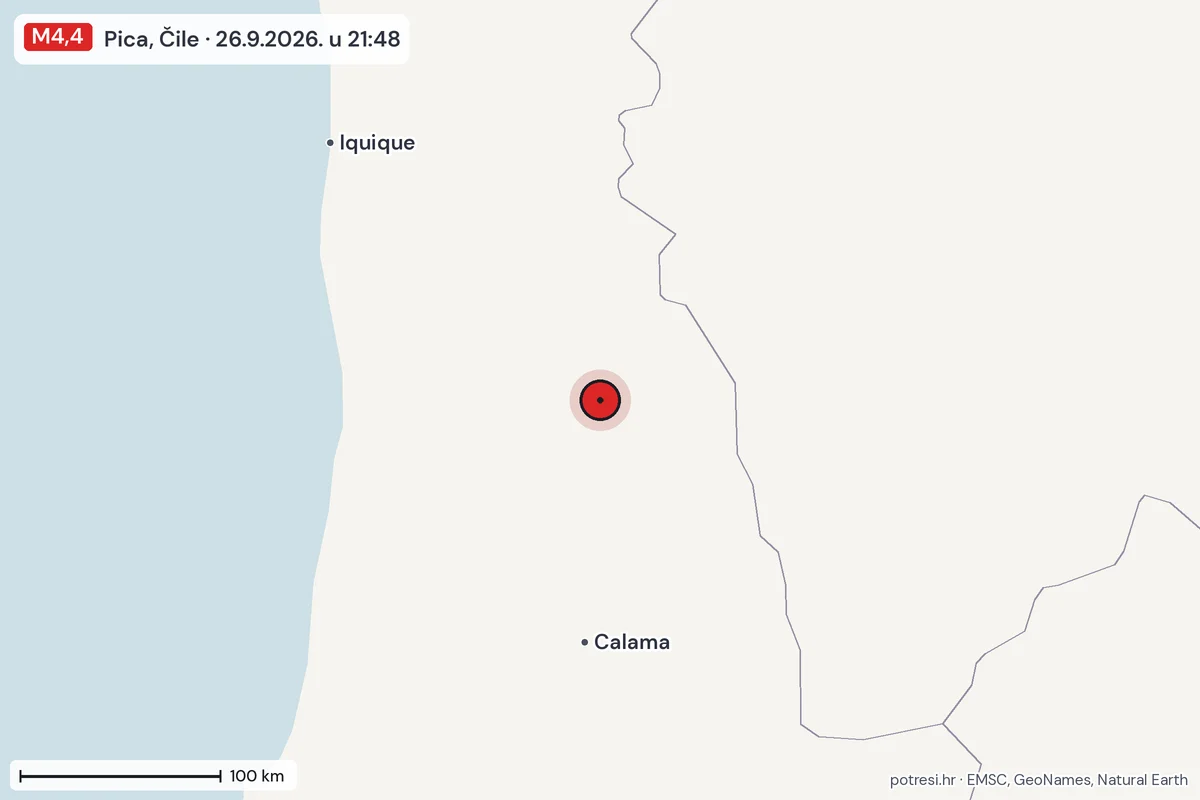 Karta: šire područje, 600 km, potres M4,4, Pica, Čile, 26.9.2026.