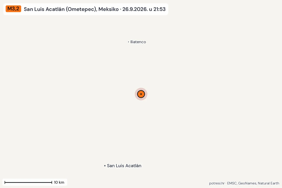 Karta: okolica epicentra, 60 km, potres M3,2, San Luis Acatlán (Ometepec), Meksiko, 26.9.2026.