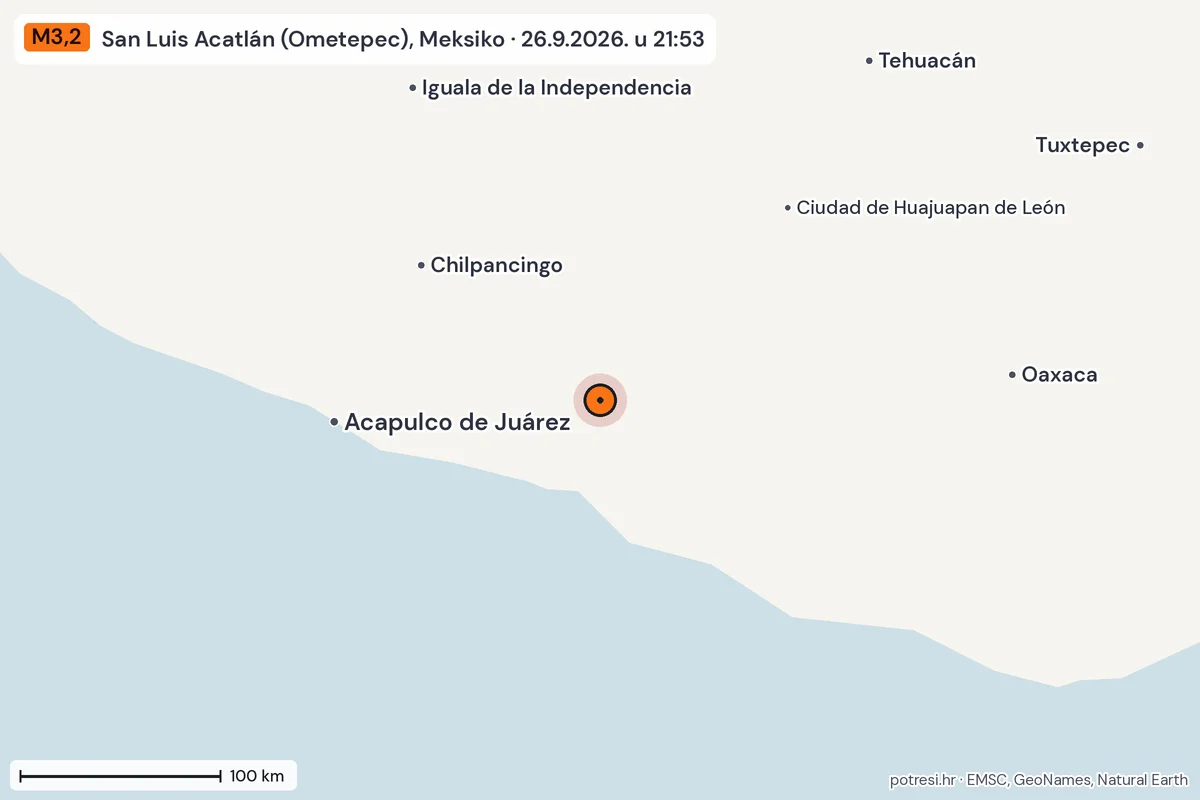 Karta: šire područje, 600 km, potres M3,2, San Luis Acatlán (Ometepec), Meksiko, 26.9.2026.