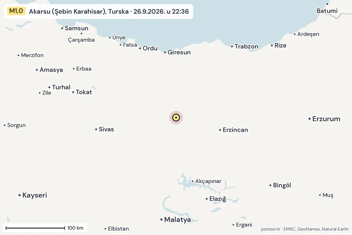 Karta: šire područje, 600 km, potres M1,0, Akarsu (Şebin Karahisar), Turska, 26.9.2026.