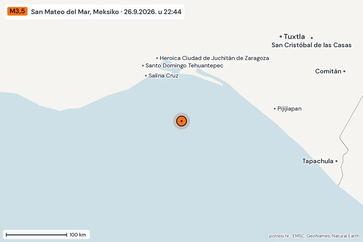 Karta: šire područje, 600 km, potres M3,5, San Mateo del Mar, Meksiko, 26.9.2026.