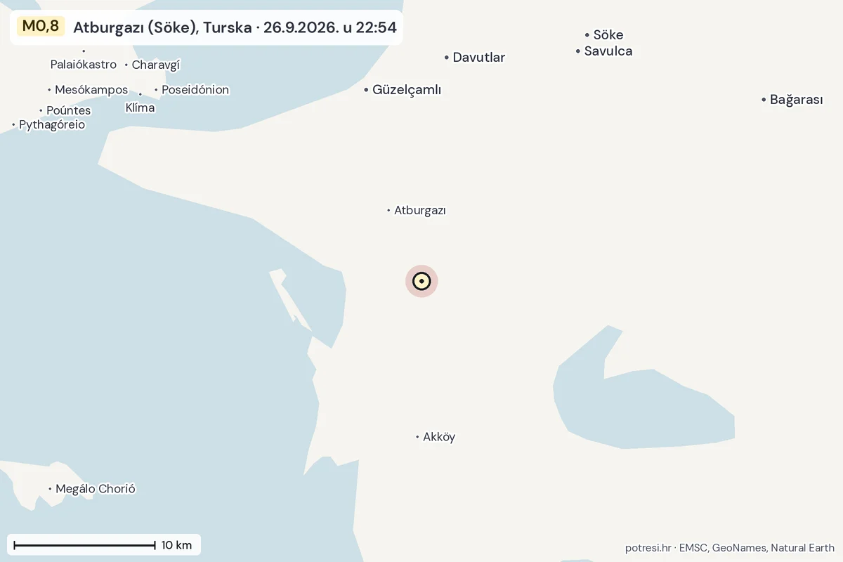 Karta: okolica epicentra, 60 km, potres M0,8, Atburgazı (Söke), Turska, 26.9.2026.