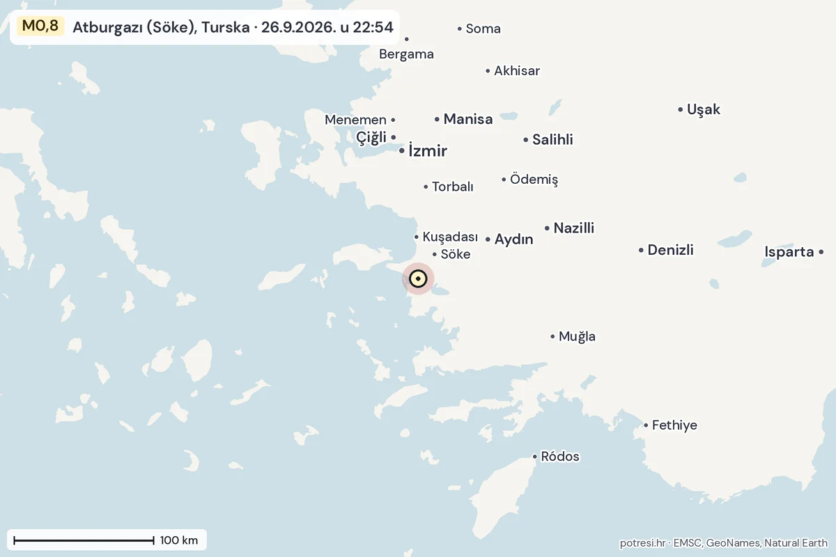 Karta: šire područje, 600 km, potres M0,8, Atburgazı (Söke), Turska, 26.9.2026.