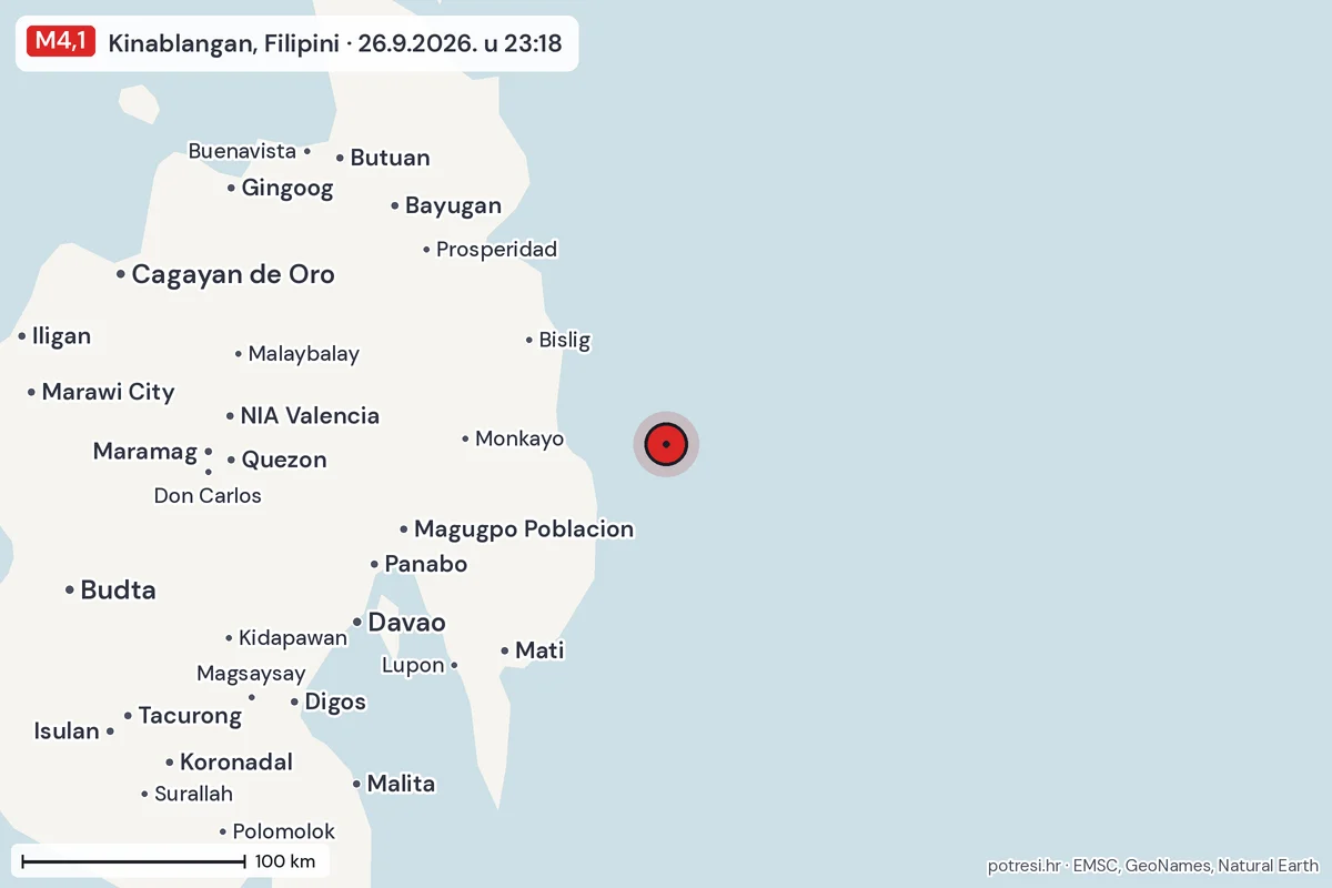 Karta: šire područje, 600 km, potres M4,1, Kinablangan, Filipini, 26.9.2026.