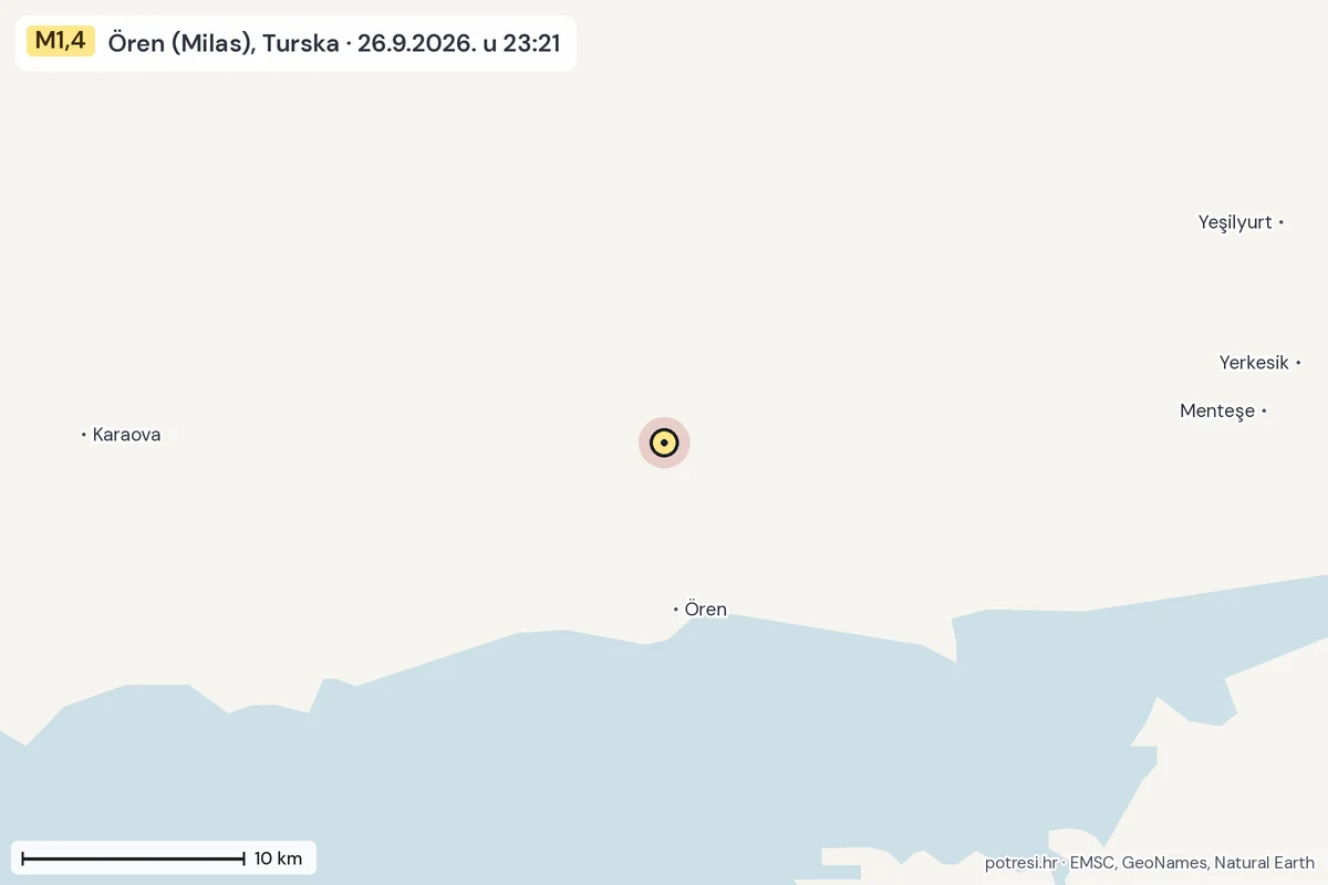 Karta: okolica epicentra, 60 km, potres M1,4, Ören (Milas), Turska, 26.9.2026.