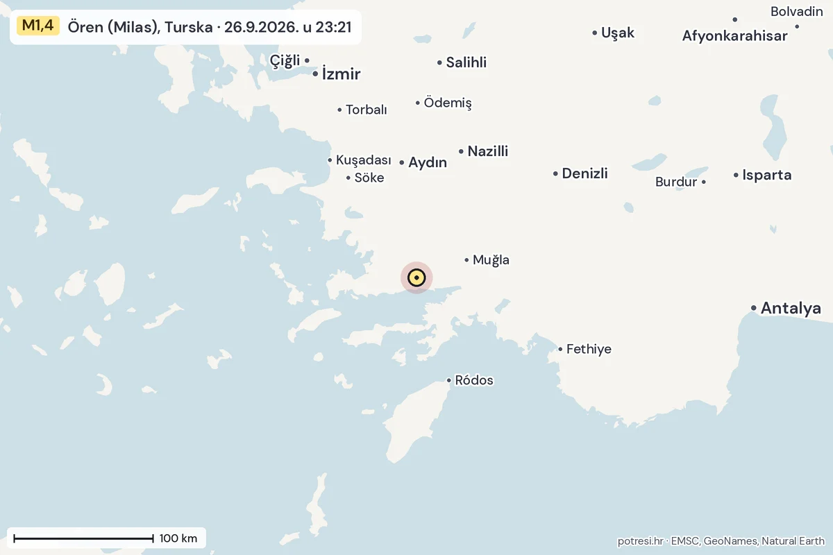 Karta: šire područje, 600 km, potres M1,4, Ören (Milas), Turska, 26.9.2026.
