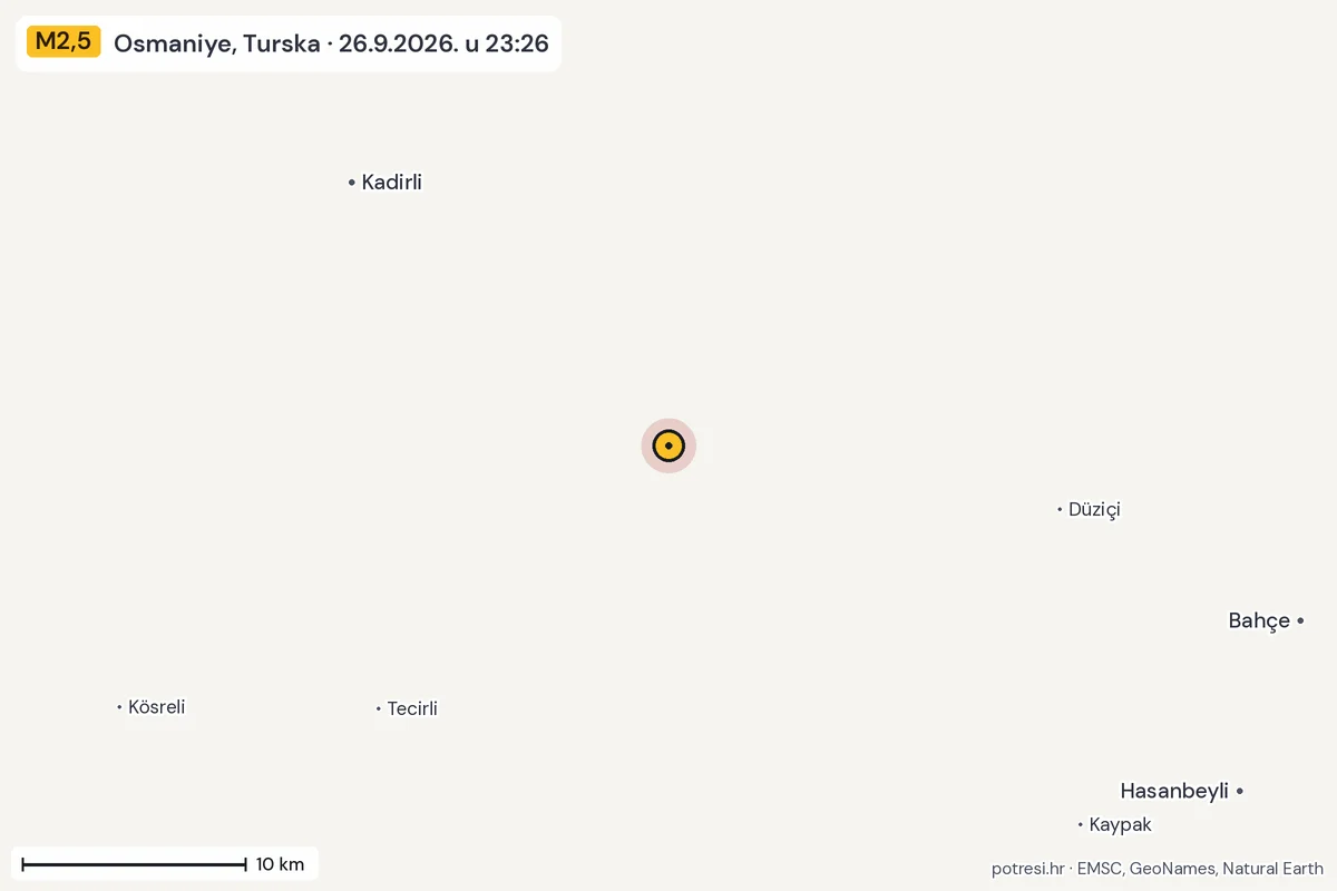 Karta: okolica epicentra, 60 km, potres M2,5, Osmaniye, Turska, 26.9.2026.
