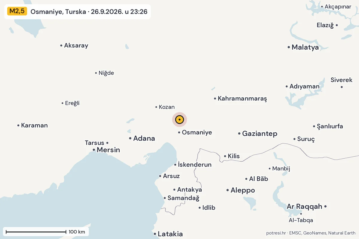Karta: šire područje, 600 km, potres M2,5, Osmaniye, Turska, 26.9.2026.