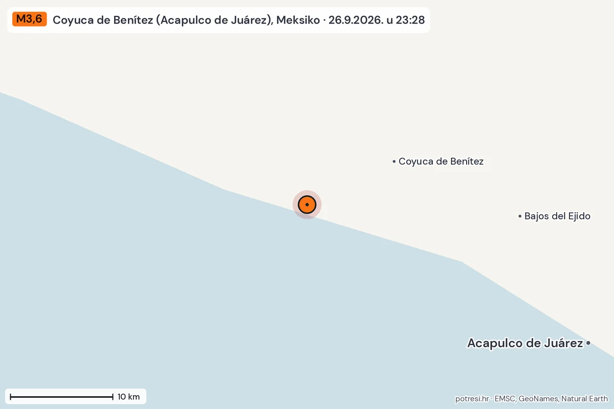 Karta: okolica epicentra, 60 km, potres M3,6, Coyuca de Benítez (Acapulco de Juárez), Meksiko, 26.9.2026.