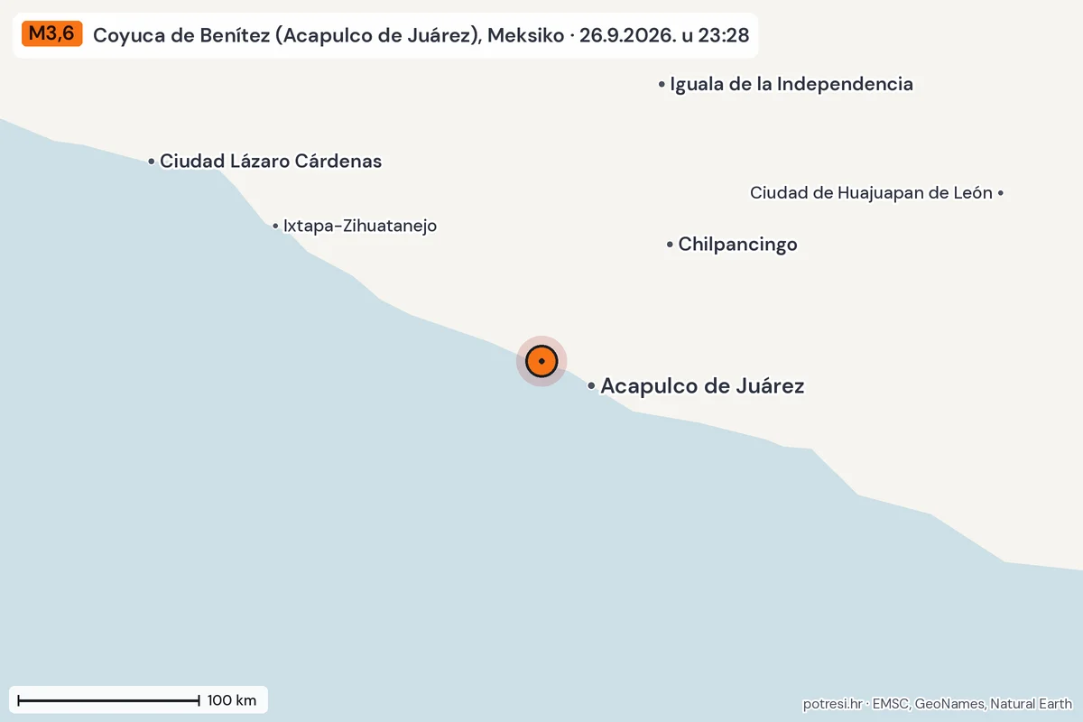 Karta: šire područje, 600 km, potres M3,6, Coyuca de Benítez (Acapulco de Juárez), Meksiko, 26.9.2026.