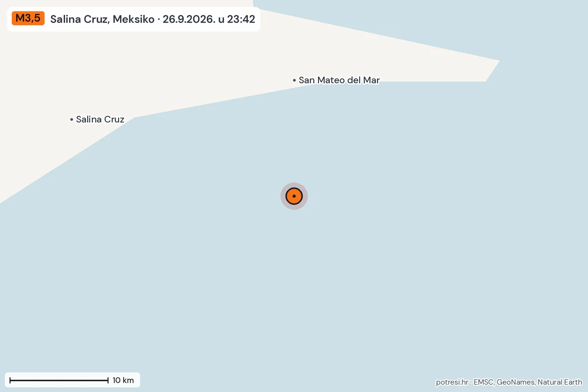 Karta: okolica epicentra, 60 km, potres M3,5, Salina Cruz, Meksiko, 26.9.2026.