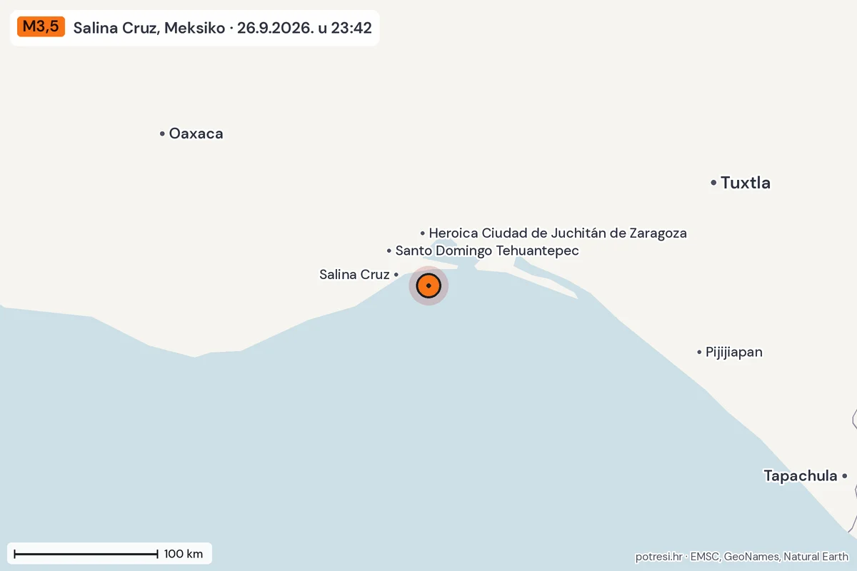 Karta: šire područje, 600 km, potres M3,5, Salina Cruz, Meksiko, 26.9.2026.