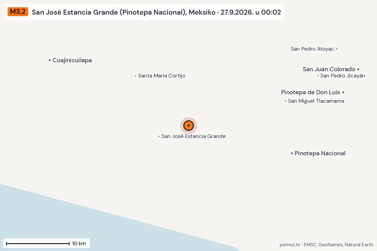 Karta: okolica epicentra, 60 km, potres M3,2, San José Estancia Grande (Pinotepa Nacional), Meksiko, 27.9.2026.