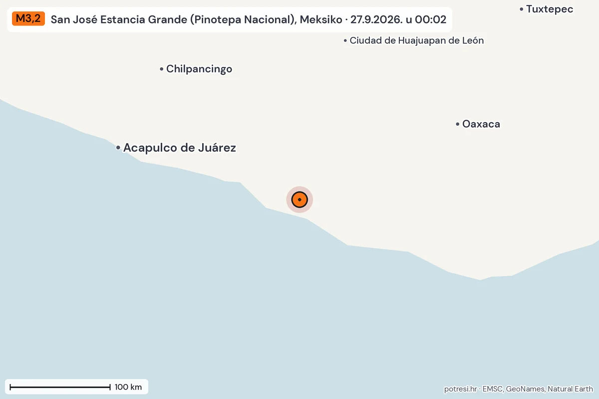 Karta: šire područje, 600 km, potres M3,2, San José Estancia Grande (Pinotepa Nacional), Meksiko, 27.9.2026.