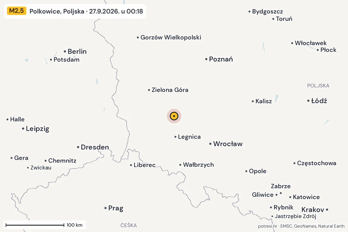 Karta: šire područje, 600 km, potres M2,5, Polkowice, Poljska, 27.9.2026.