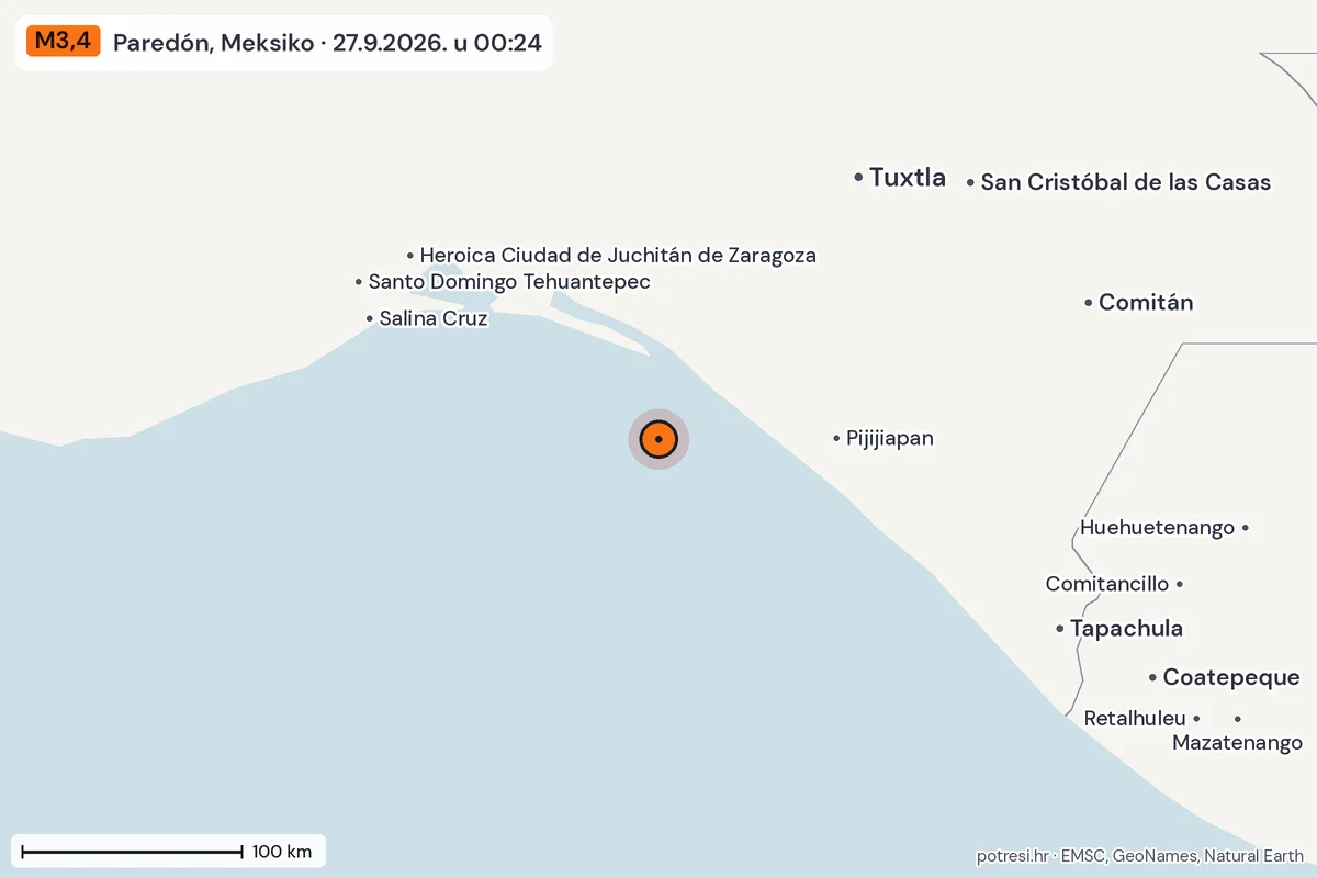 Karta: šire područje, 600 km, potres M3,4, Paredón, Meksiko, 27.9.2026.