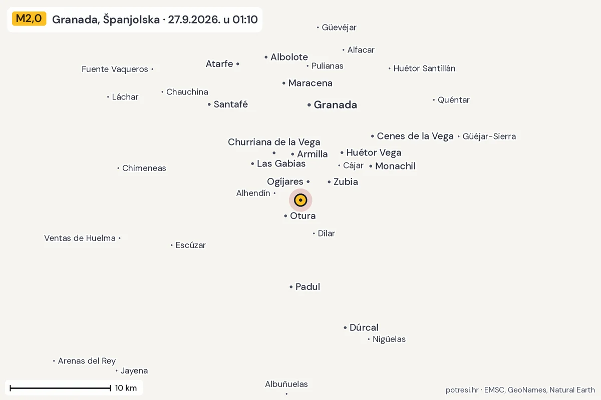 Karta: okolica epicentra, 60 km, potres M2,0, Granada, Španjolska, 27.9.2026.