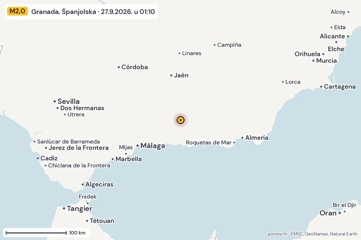 Karta: šire područje, 600 km, potres M2,0, Granada, Španjolska, 27.9.2026.