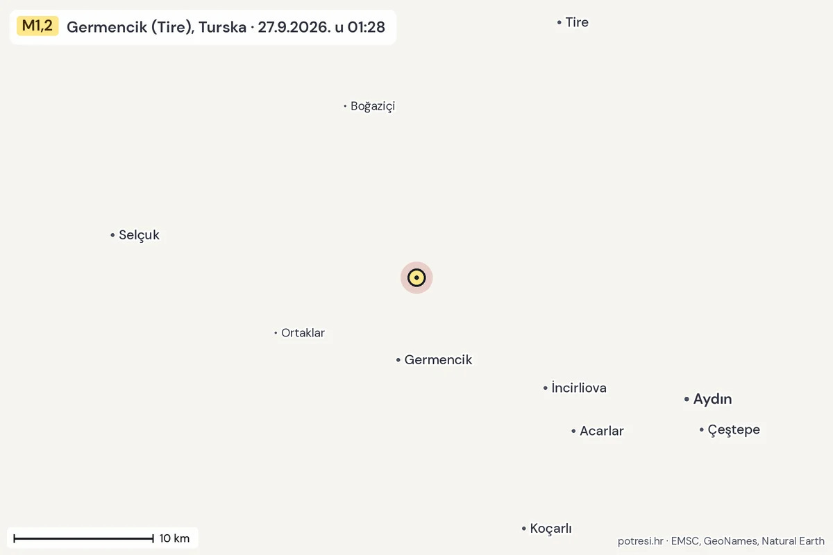 Karta: okolica epicentra, 60 km, potres M1,2, Germencik (Tire), Turska, 27.9.2026.