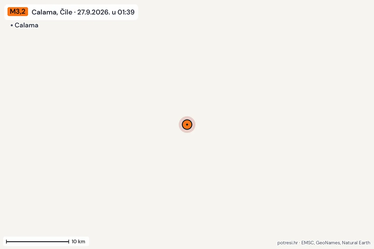 Karta: okolica epicentra, 60 km, potres M3,2, Calama, Čile, 27.9.2026.