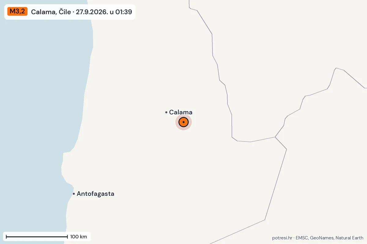 Karta: šire područje, 600 km, potres M3,2, Calama, Čile, 27.9.2026.