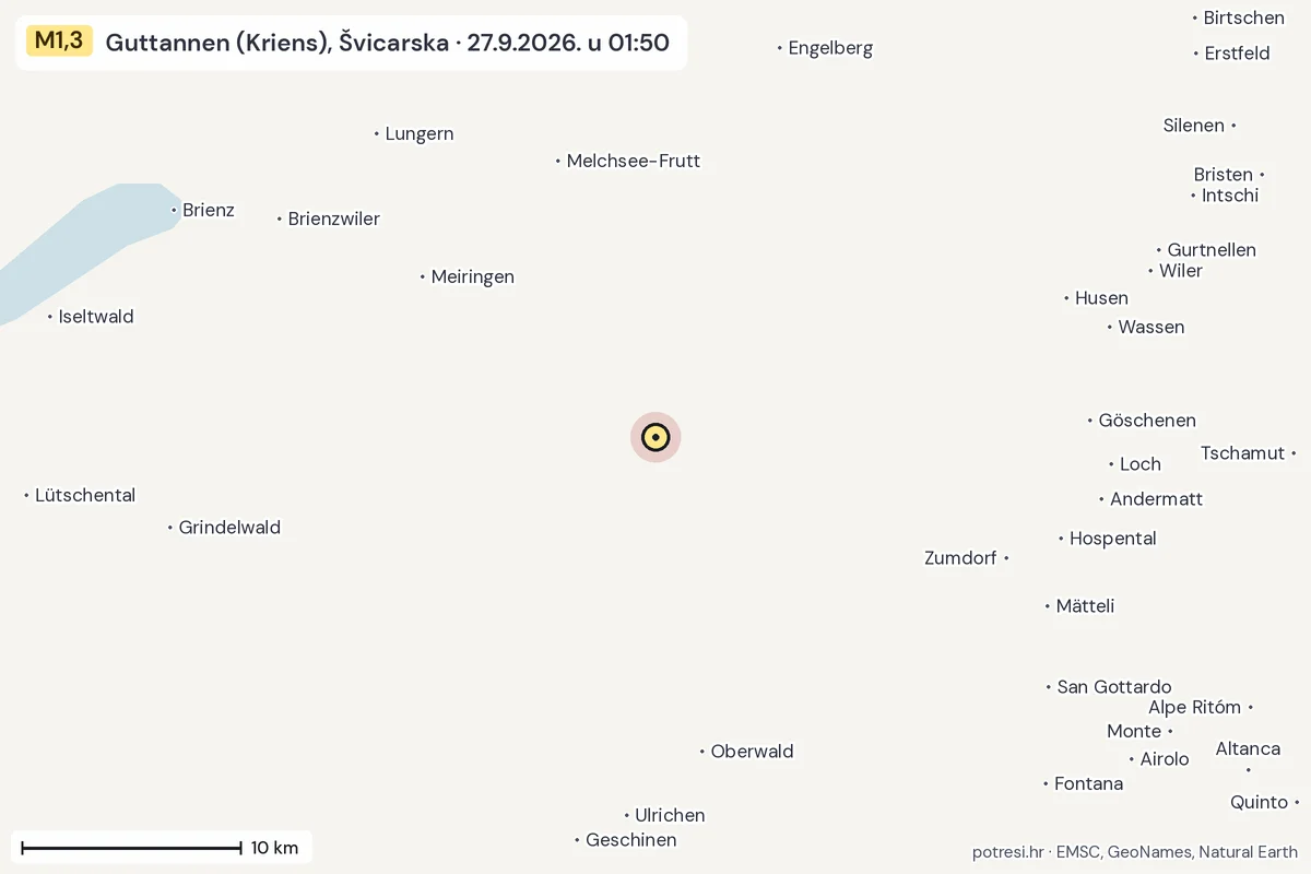 Karta: okolica epicentra, 60 km, potres M1,3, Guttannen (Kriens), Švicarska, 27.9.2026.