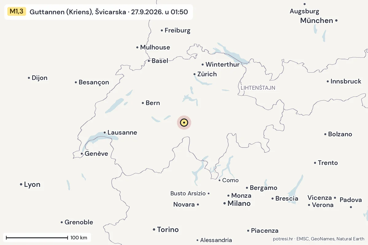 Karta: šire područje, 600 km, potres M1,3, Guttannen (Kriens), Švicarska, 27.9.2026.