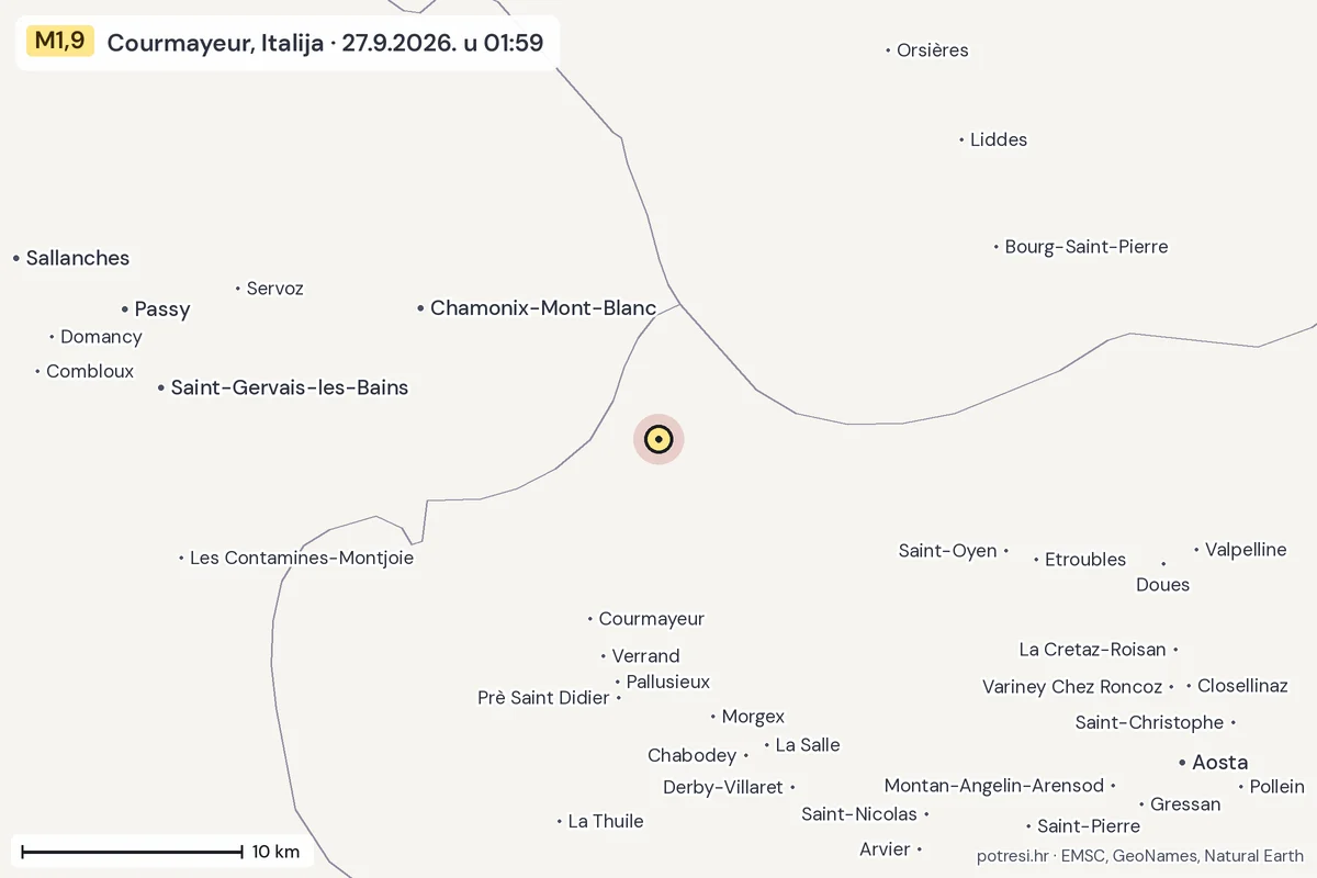 Karta: okolica epicentra, 60 km, potres M1,9, Courmayeur, Italija, 27.9.2026.