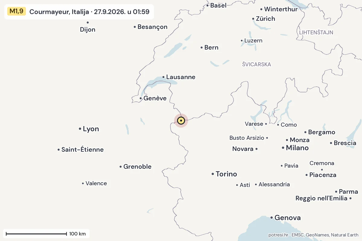 Karta: šire područje, 600 km, potres M1,9, Courmayeur, Italija, 27.9.2026.