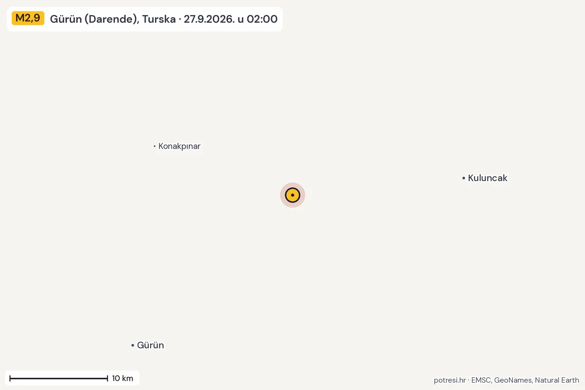 Karta: okolica epicentra, 60 km, potres M2,9, Gürün (Darende), Turska, 27.9.2026.