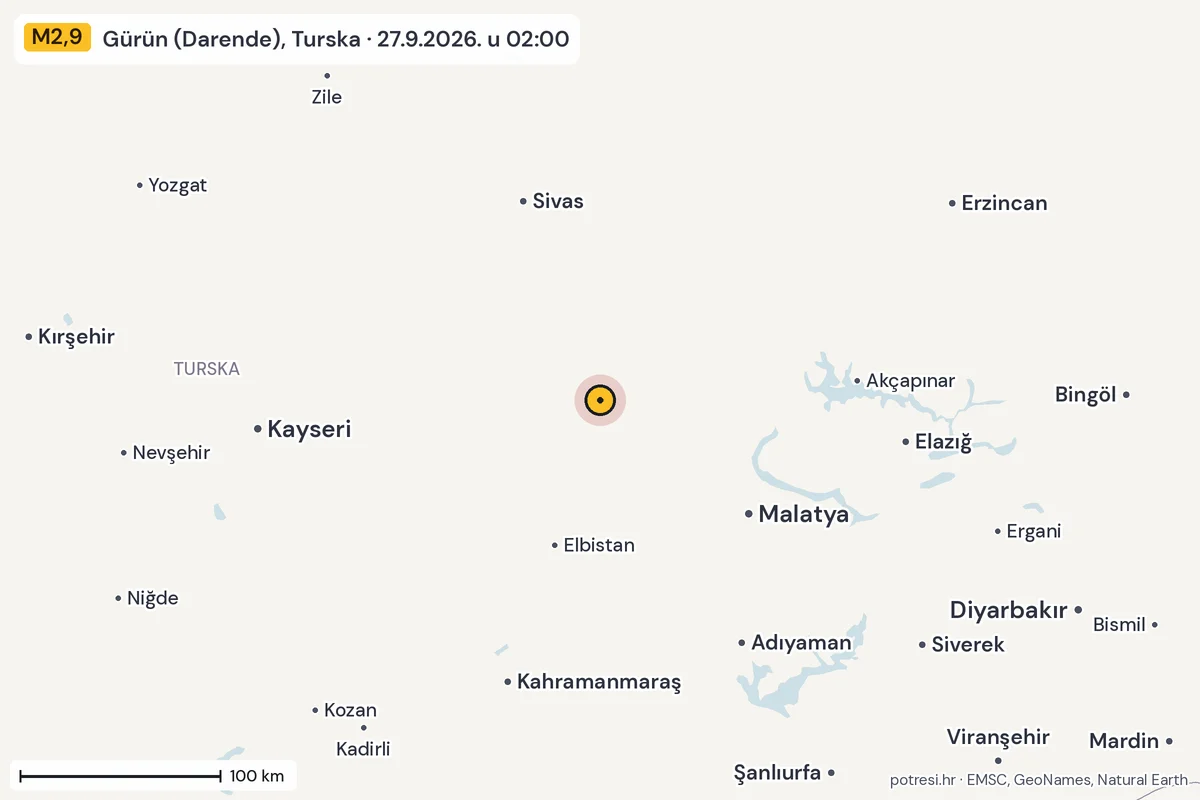 Karta: šire područje, 600 km, potres M2,9, Gürün (Darende), Turska, 27.9.2026.