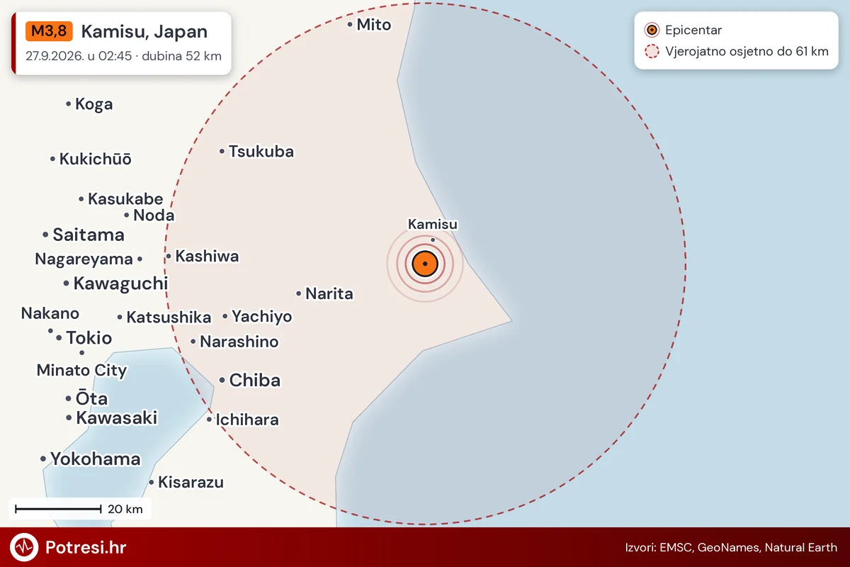 Karta: šire područje i vjerojatni doseg osjeta, potres M3,8, Kamisu, Japan, 27.9.2026.