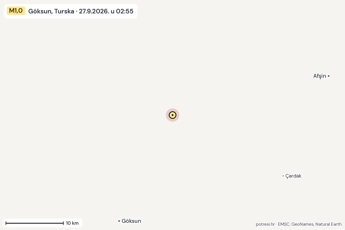Karta: okolica epicentra, 60 km, potres M1,0, Göksun, Turska, 27.9.2026.