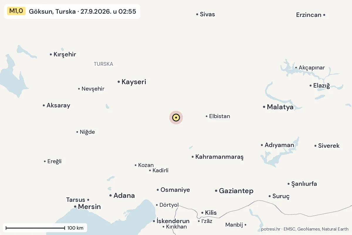 Karta: šire područje, 600 km, potres M1,0, Göksun, Turska, 27.9.2026.