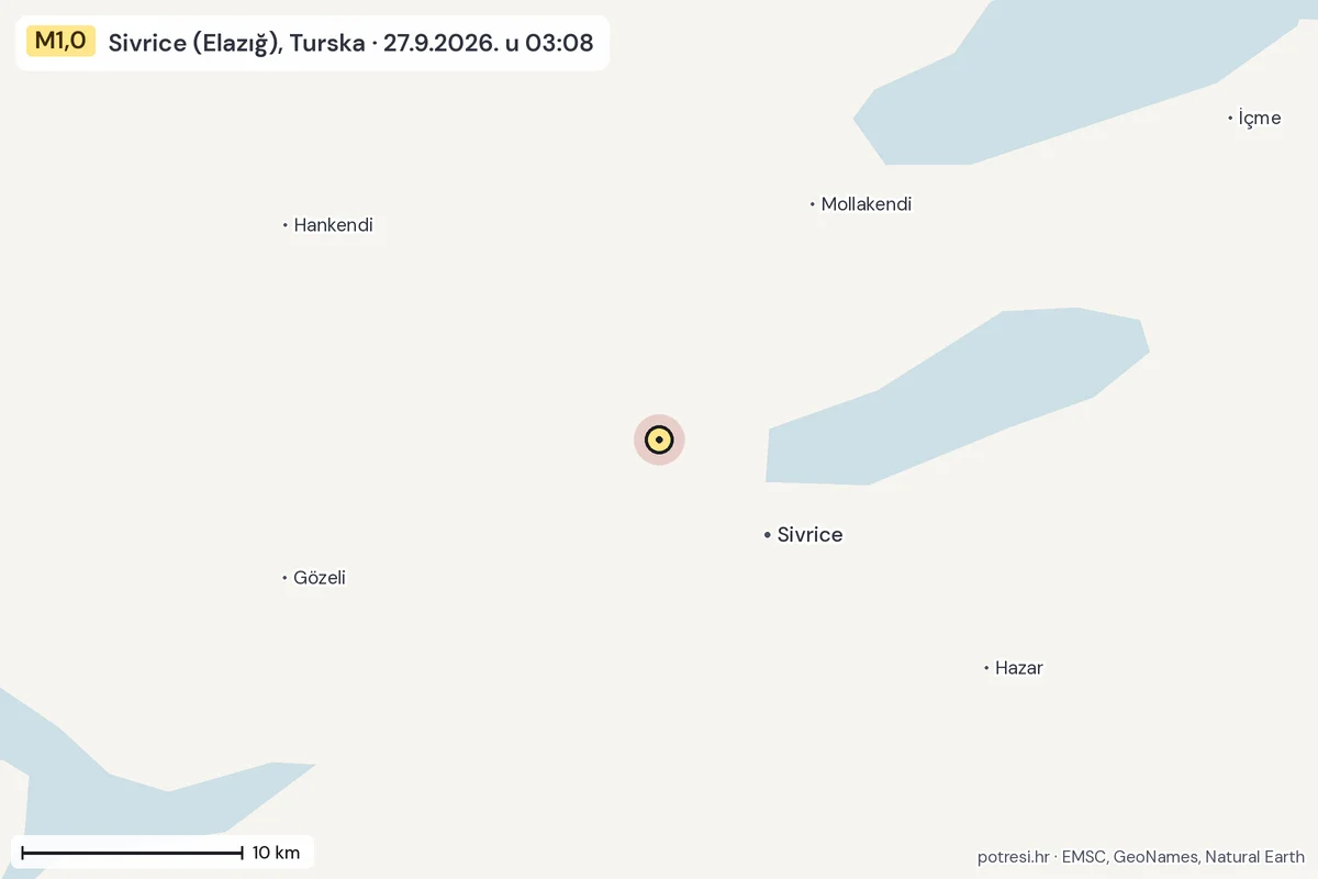 Karta: okolica epicentra, 60 km, potres M1,0, Sivrice (Elazığ), Turska, 27.9.2026.